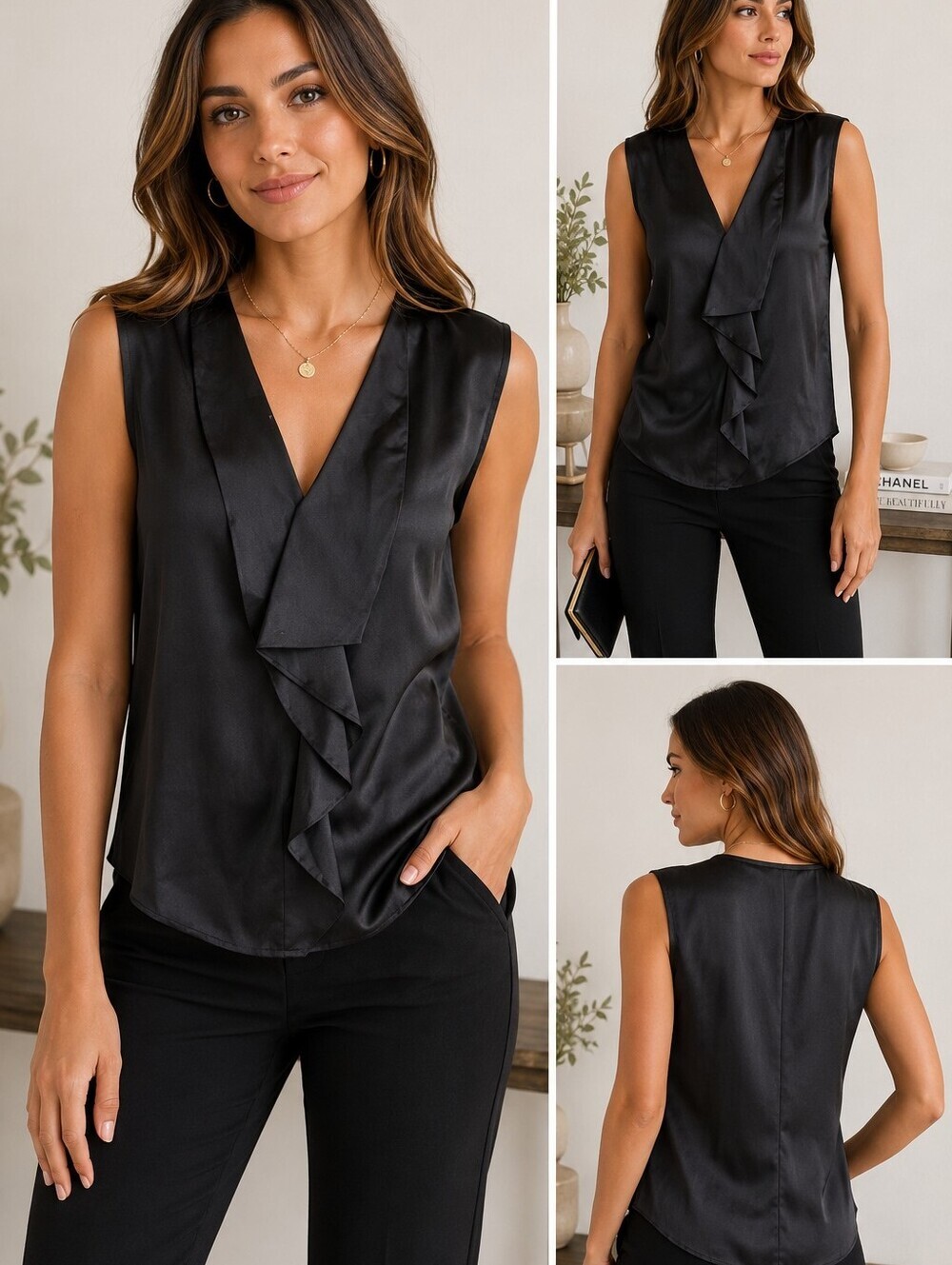 Elie Tahari Black Silk Ruffle Front Sleeveless Blouse Size Small